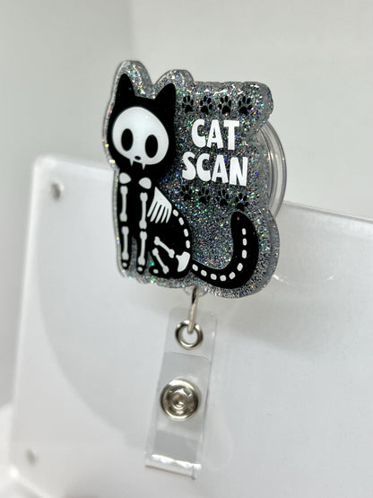 Funny CAT SCAN Badge Reel – Black Cat Skeleton Design with Glittery Paw Print Background, ID Holder for Professionals