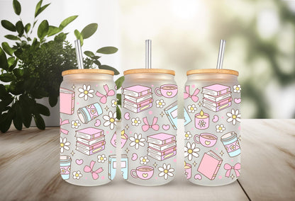 UVDTF Wrap Books Daisy Bow 16oz Can Glass Mug Tumbler, Ready to Apply, Permanent Waterproof Adhesive