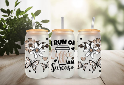 UVDTF Wrap Sarcastic Funny Saying 16oz Can Glass Mug Tumbler, Run on Coffee and Sarcasm Wrap, Ready to Apply, Permanent Waterproof Adhesive