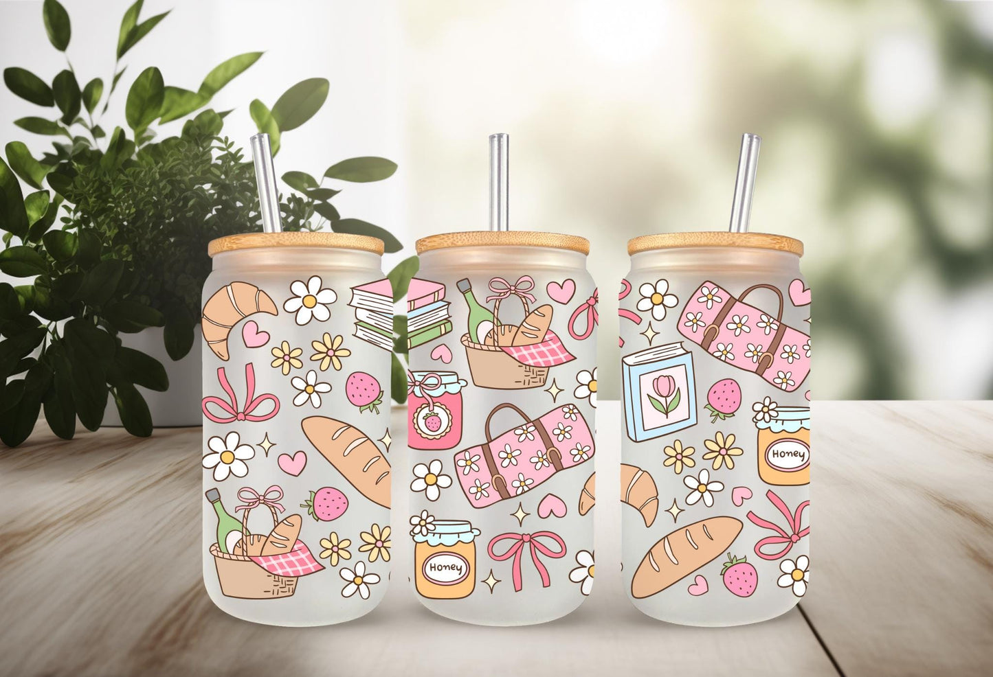 UVDTF Wrap Spring Picnic Sourdough 16oz Can Glass Mug Tumbler, Spring Picnic Wrap, Ready to apply, Permanent Waterproof Adhesive