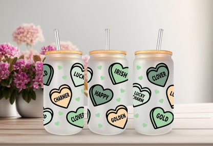 UVDTF Wrap St.Patrick Conversation Hearts 16oz Can Glass Mug Tumbler, Heart Wrap, Ready to apply, Permanent Waterproof Adhesive