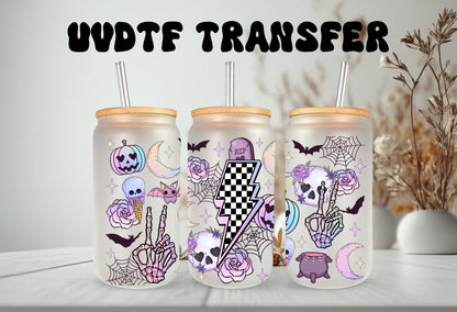 UVDTF Wrap Halloween Retro Pastel 16 oz Can Glass Mug Tumbler, Ready to Apply, Permanent Waterproof Adhesive