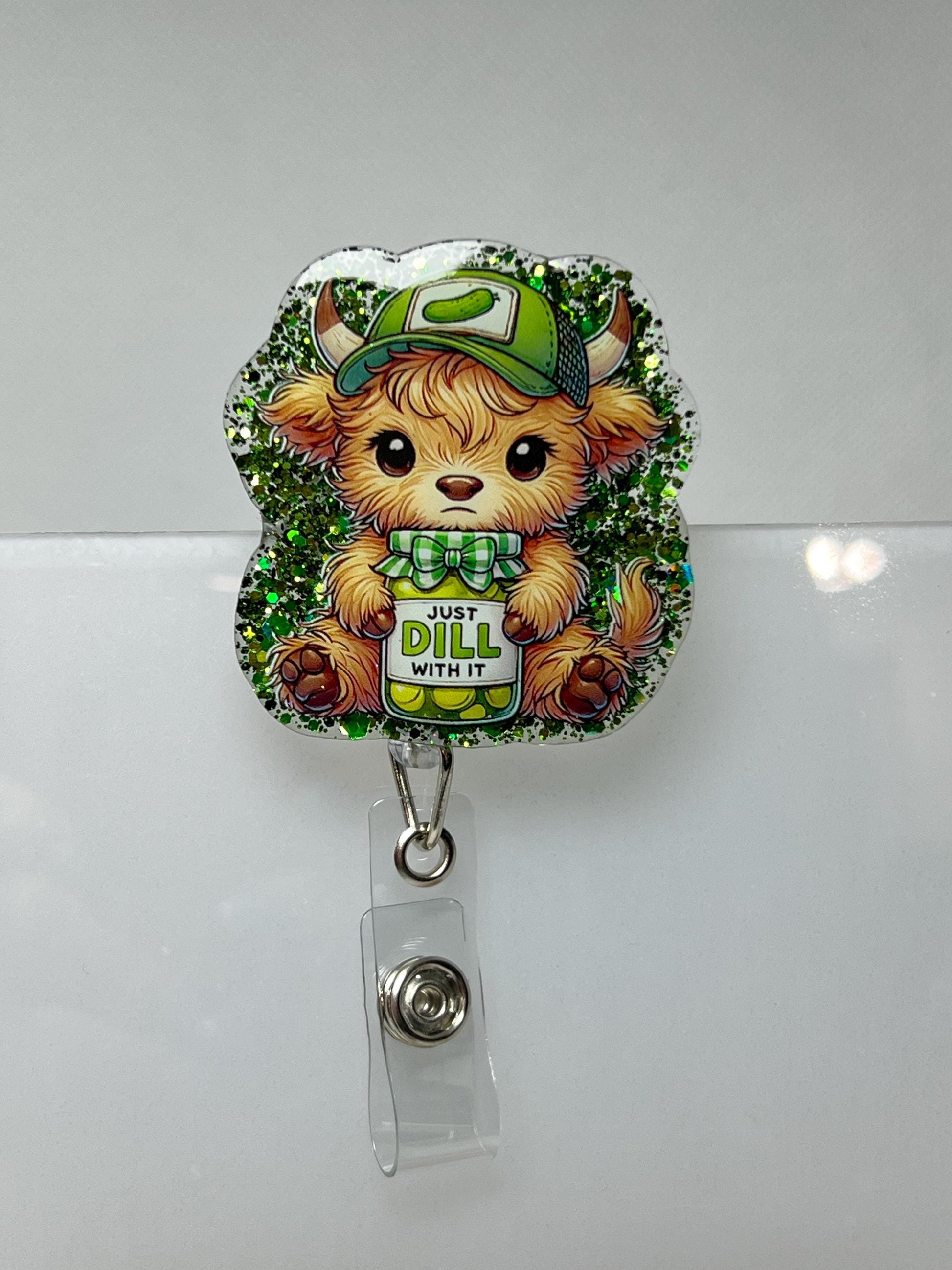 Funny Highland Cow Badge Reel – &#39;Just Dill With It&#39; Green Glitter Design with Cartoon Animal for ID Holders