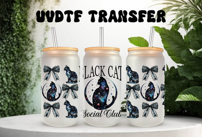 UVDTF Wrap Black Cat Social Club Coquettes Bows 16oz Can Glass Mug Tumbler, Ready to apply, Permanent Waterproof Adhesive