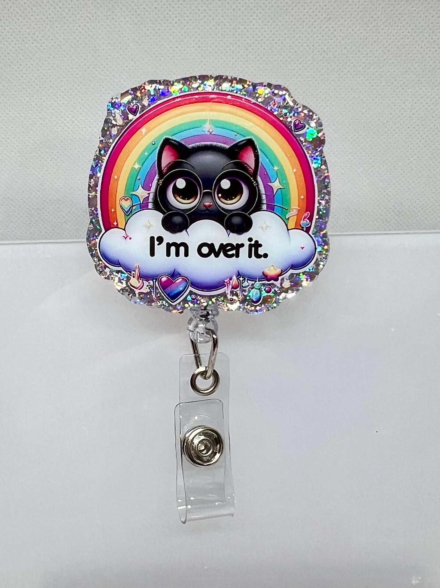 Cute Cat Badge Reel – 'I'm Over It' Rainbow and Cloud Design for Fun and Whimsical ID Holder