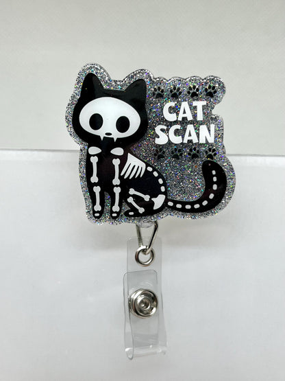 Funny CAT SCAN Badge Reel – Black Cat Skeleton Design with Glittery Paw Print Background, ID Holder for Professionals