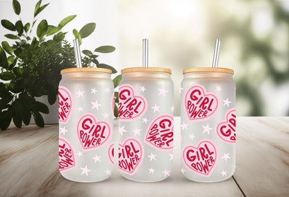 UVDTF Wrap Hearts Girl Power 16oz Can Glass Wrap Mug Tumbler, Ready to Apply, Permanent Waterproof Adhesive