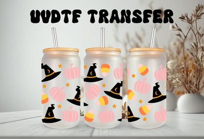 UVDTF Wrap Witches Hat Pumpkin Candy Corn Halloween 16oz Can Glass, Mug, Tumbler, Ready to apply, Permanent Waterproof Adhesive