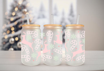 UVDTF Wrap Pastel Reindeer Candy 16oz Can Glass Mug Tumbler, Ready to Apply, Permanent Waterproof Adhesive