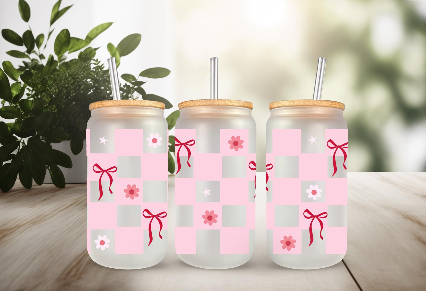 UVDTF Wrap Coquette Bows Checkered Light Pink 16oz Can Glass Wrap Mug Tumbler, Bow Wrap, Ready to Apply, Permanent Waterproof Adhesive