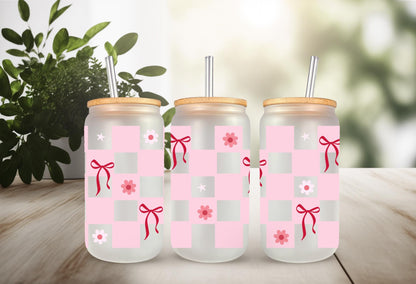 UVDTF Wrap Coquette Bows Checkered Light Pink 16oz Can Glass Wrap Mug Tumbler, Bow Wrap, Ready to Apply, Permanent Waterproof Adhesive