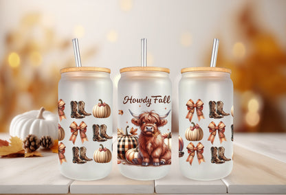 UVDTF Wrap Howdy Fall Highland Cow Coquette Bows for 16oz Can Glass Mug Tumbler, Ready to Apply, Permanent Waterproof Adhesive