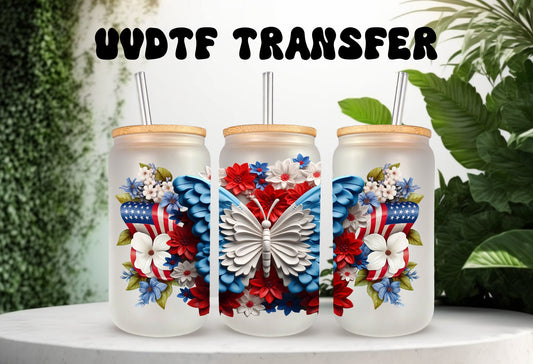 UVDTF Wrap Patriotic Butterfly Flag 3D 16oz Can Glass Mug Tumbler, Ready to apply, Permanent Adhesive Waterproof, Apply to cup