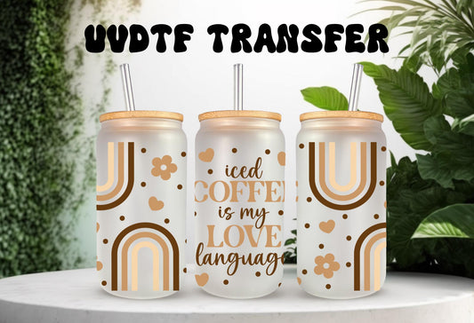 UVDTF Wrap Boho Coffee Daisy 16oz Can Glass Mug Tumbler, Coffee is my Love Language Wrap, Ready to apply, Permanent Waterproof Adhesive