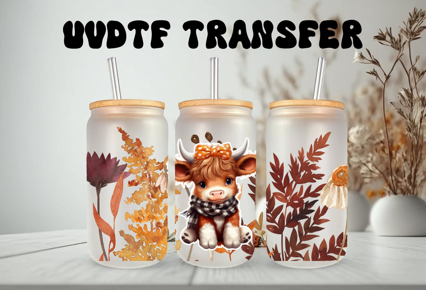 Cup Wrap Decal - Fall Floral Wrap With Cow Girl Design, 16 oz Glass Mug Sticker