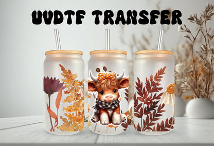 Cup Wrap Decal - Fall Floral Wrap With Cow Girl Design, 16 oz Glass Mug Sticker