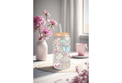 UVDTF Wrap Pastel Medical Bow 16oz Can Glass Mug Tumbler, Healthcare Wrap, Ready to Apply, Permanent Waterproof Adhesive