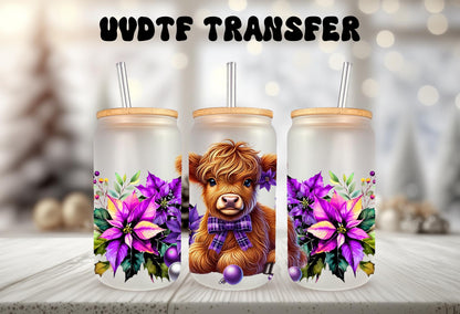 UVDTF Wrap Highland Cow Poinsettias Ornaments Purple 16oz Can Glass Mug Tumbler, Ready to Apply, Permanent Waterproof Adhesive