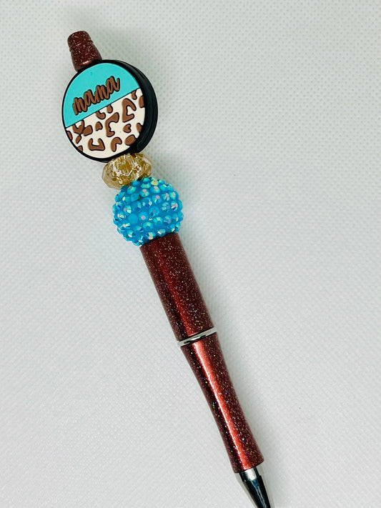 Beaded Mama Leopard Teal and Glitter Brown Ink Pen | Teacher Gift | Nurse Gift | Stocking Stuffer | Gifts for Her | Gifts for Him