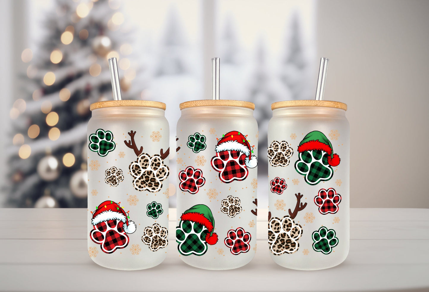 Christmas Paw Stickers – Decorative Can Wrap With Checkered Paw Design