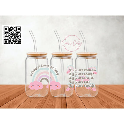 UVDTF Wrap Inspirational Motivational 5 Things to Remember Today 16oz Can Glass Mug Tumbler, Ready to Apply, Permanent Waterproof Adhesive