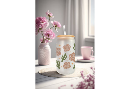 UVDTF Wrap Boho Desert Rose Cactus 16oz Can Glass, Mug, Tumbler, Cactus Wrap, Ready to apply, Permanent Adhesive Waterproof, Add on a Cup