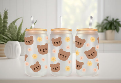 UVDTF Wrap Teddy Bear Light Brown 16oz Can Glass Mug Tumbler, Bear Wrap, Ready to Apply, Permanent Waterproof Adhesive