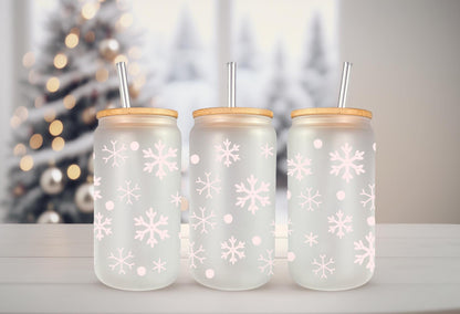 UVDTF Wrap Light Pink Snowflakes 16oz Can Glass Mug Tumbler, Ready to Apply, Permanent Waterproof Adhesive
