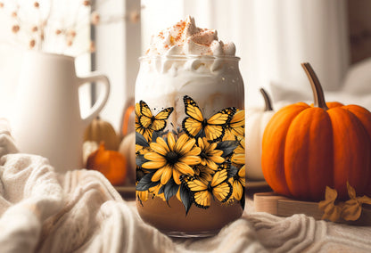 UVDTF Wrap Yellow Daisies Butterflies 16oz Can Glass Mug Tumbler Wrap, Ready to apply, Permanent Adhesive, Double sided option