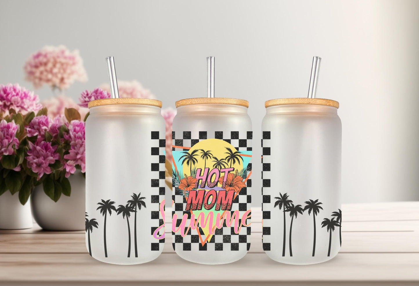 UVDTF Wrap Hot Mom Summer Checkered Palm 16oz Can Glass Mug Tumbler, Ready to apply, Permanent waterproof adhesive