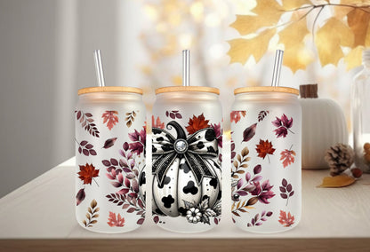 UVDTF Wrap Pumpkin Floral Cow Print 16oz Can Glass, Mug, Tumbler, Ready to Apply, Permanent Waterproof Adhesive, Double Sided Print