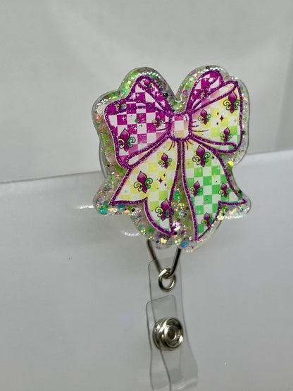 Badge Reel Mardi Gras Bow Coquette, Checker Bow Badge, Funny Sarcastic Badge Reel, Detachable Option, Gifts for Her, Graduation Gift