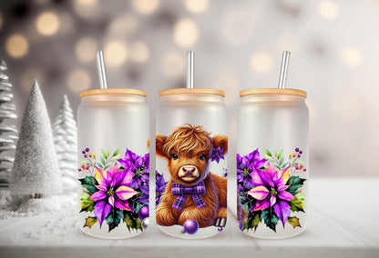 UVDTF Wrap Highland Cow Poinsettias Ornaments Purple 16oz Can Glass Mug Tumbler, Ready to Apply, Permanent Waterproof Adhesive