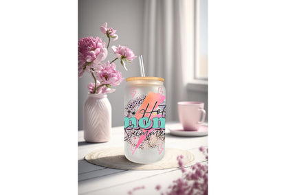 UVDTF Wrap Hot Mom Summer Lightning Bolt 16oz Can Glass Mug Tumbler, Ready to apply, Permanent Waterproof Adhesive