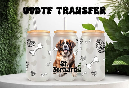 UVDTF Wrap St. Bernard 16oz Can Glass Mug Tumbler, Dog Wrap, Ready to apply, Permanent Waterproof Adhesive, Bundle Save Option
