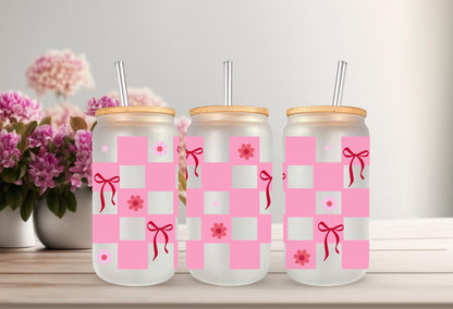 UVDTF Wrap Coquette Bows Checkered Dark Pink 16oz Can Glass Wrap Mug Tumbler, Ready to Apply, Permanent Waterproof Adhesive