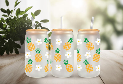 UV DTF Wrap Transfer for 16 oz Can Glass - pineapple & Daisy Design Perfect for Crafting, Custom Drinkware, Tumblers, and Gifts