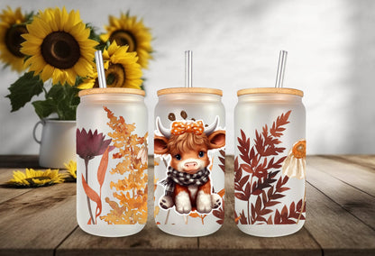 Cup Wrap Decal - Fall Floral Wrap With Cow Girl Design, 16 oz Glass Mug Sticker