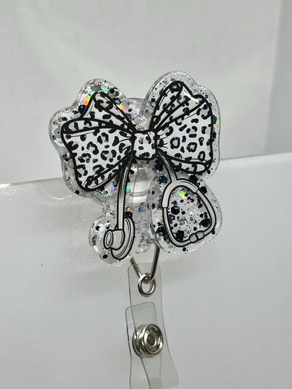 Badge Reel Stethoscope Bow Coquette, Leopard Bow Badge, Funny Sarcastic Badge Reel, Detachable Hook-and-Loop Option, Graduation & Office Gif