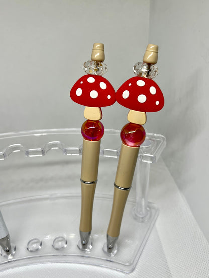 Cute Red Mushroom Glitter or Beige Beaded Pen, Sarcastic Pen, Fun Pens Acrylic Beads, Custom Pen, Retractable Ink Pen, Gifts