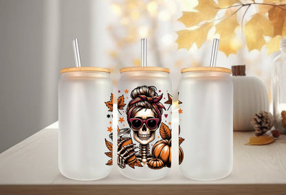 UVDTF Decal Fall Skeleton Pumpkin Iced Coffee 16oz Can Glass 40oz Tumbler or Mug, Ready to Apply, Permanent Waterproof Adhesive