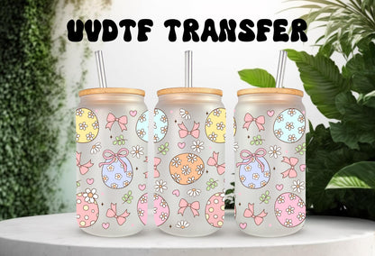 UVDTF Wrap Easter Egg Coquette Bow 16oz Can Glass Mug Tumbler, Ready to apply, Permanent Waterproof  Adhesive