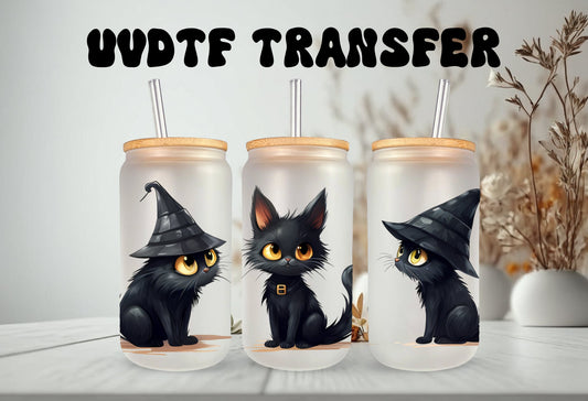 UVDTF Wrap Witch Black Cat 16oz Can Glass Mug Tumbler, Halloween wrap, Double Sided Print Option, Ready to Apply, Permanent Waterproof Adhesive