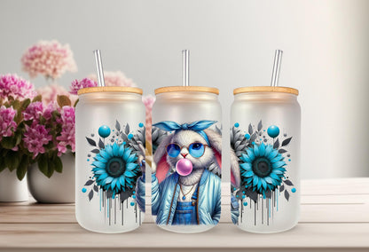 UVDTF Wrap Floral Bunny Bubble Gum 16oz Can Glass Mug Tumbler, Ready to Apply, Permanent Waterproof Adhesive