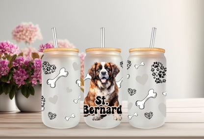 UVDTF Wrap St. Bernard 16oz Can Glass Mug Tumbler, Dog Wrap, Ready to apply, Permanent Waterproof Adhesive, Bundle Save Option