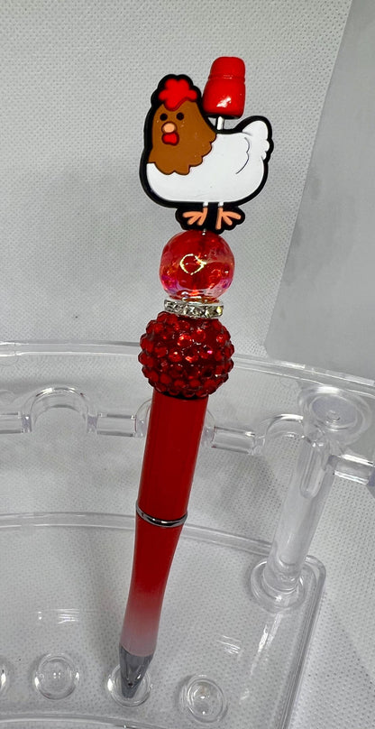 Chicken Hen Red Beaded Pen, Fun Pens Acrylic  Beads, Beaded Pen, Retractable Ink Pen, Gifts