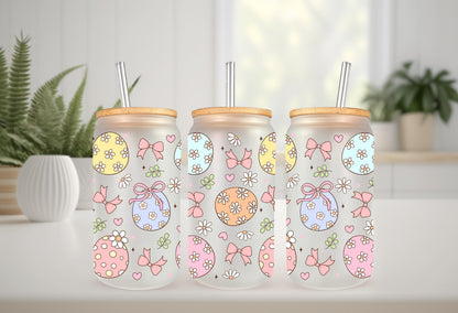 UVDTF Wrap Easter Egg Coquette Bow 16oz Can Glass Mug Tumbler, Ready to apply, Permanent Waterproof  Adhesive