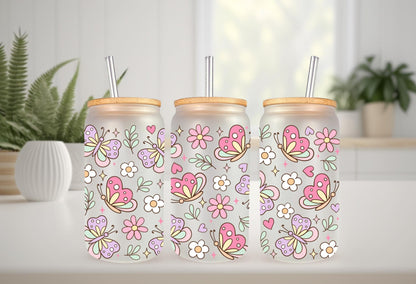 UVDTF Wrap Butterfly Daisy 16oz Can Glass Mug Tumbler, Butterfly Wrap, Ready to apply, Permanent Waterproof Adhesive