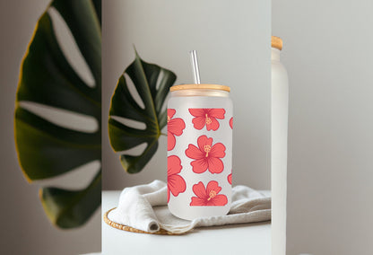 UVDTF Wrap Hibiscus Tropical Flower 16oz Can Glass Mug Tumbler, Tropical wrap, Ready to apply, Permanent Adhesive Waterproof