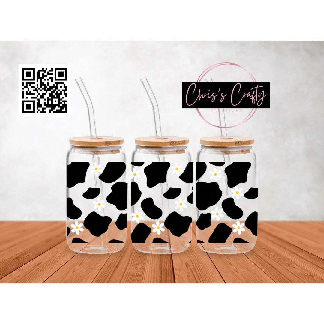 UVDTF Wrap Daisy Cow Print 16oz Can Glass Mug 40oz Tumbler, Cow Print Wrap, Ready to apply, Permanent Waterproof Adhesive